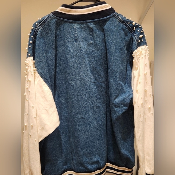 Fashion Nova Pearl Embellished Denim Varsity Jacket Size L - Picture 6 of 8
